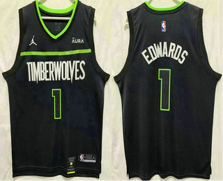 Men's Minnesota Timberwolves #1 Anthony Edwards Navy Blue 2023 Jordan Swingman Stitched Jersey With Sponsor