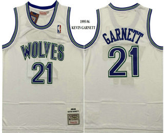 Men's Minnesota Timberwolves #21 Kevin Garnett 1995-96 White Hardwood Classics Soul Swingman Throwback Jersey