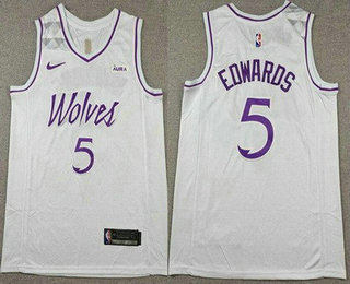 Men's Minnesota Timberwolves #5 Anthony Edwards White Purple Sponsor Swingman Jersey