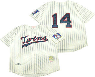 Men's Minnesota Twins #14 Kent Hrbek Retired 1969 Cream Pinstirpe Mitchell & Ness Throwback Jersey