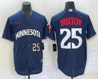 Men's Minnesota Twins #25 Byron Buxton Number 2023 Navy Blue Cool Base Stitched Jersey 01