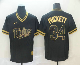 Men's Minnesota Twins #34 Kirby Puckett Black Gold Nike Cooperstown Legend V Neck Jersey