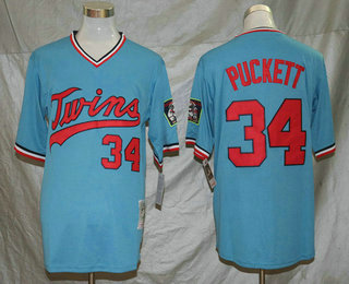 Men's Minnesota Twins #34 Kirby Puckett Light Blue Mitchell & Ness Throwback Jersey