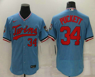 Men's Minnesota Twins #34 Kirby Puckett Light Blue With Number Stitched MLB Flex Base Nike Jersey