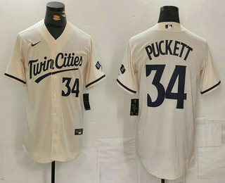 Men's Minnesota Twins #34 Kirby Puckett Number Cream Cool Base Stitched Jersey