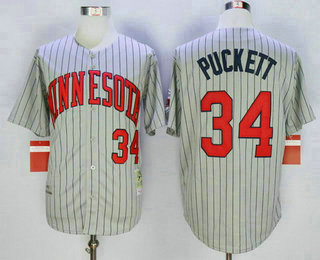 Men's Minnesota Twins #34 Kirby Puckett Retired 1987 Gray Pinstirpe Mitchell & Ness Throwback Jersey