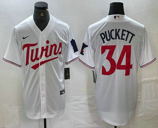 Men's Minnesota Twins #34 Kirby Puckett White Red Stitched MLB Cool Base Nike Jersey