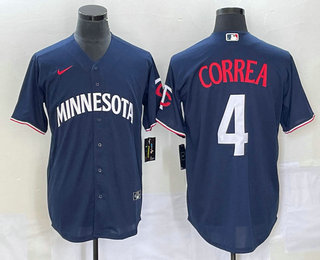 Men's Minnesota Twins #4 Carlos Correa 2023 Navy Blue Cool Base Stitched Jersey 01