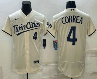 Men's Minnesota Twins #4 Carlos Correa Cream 2022 City Connect Flex Base Stitched Jersey