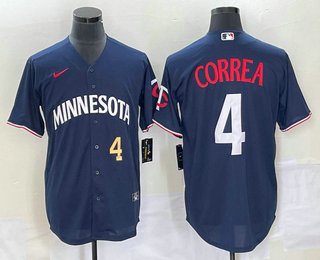 Men's Minnesota Twins #4 Carlos Correa Number 2023 Navy Blue Cool Base Stitched Jersey 01