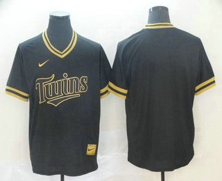 Men's Minnesota Twins Blank Black Gold Nike Cooperstown Legend V Neck Jersey