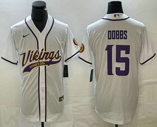 Men's Minnesota Vikings #15 Josh Dobbs White With Patch Cool Base Stitched Baseball Jersey