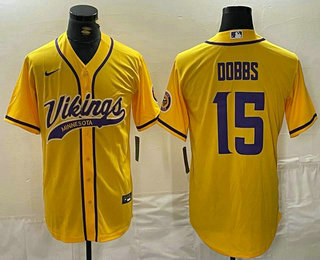 Men's Minnesota Vikings #15 Josh Dobbs Yellow With Patch Cool Base Stitched Baseball Jersey