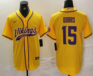 Men's Minnesota Vikings #15 Joshua Dobbs Yellow Purple Cool Base Stitched Baseball Jersey