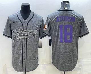 Men's Minnesota Vikings #18 Justin Jefferson Grey Gridiron With Patch Cool Base Stitched Baseball Jersey