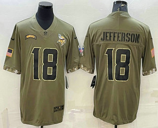 Men's Minnesota Vikings #18 Justin Jefferson Olive 2022 Salute To Service Limited Stitched Jersey