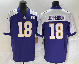 Men's Minnesota Vikings #18 Justin Jefferson Purple 2023 FUSE Bud Grant Patch Limited Stitched Jersey