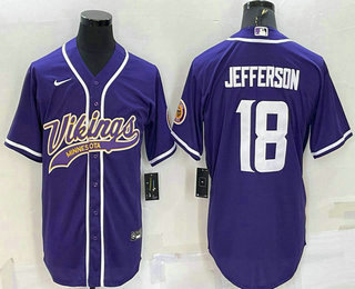 Men's Minnesota Vikings #18 Justin Jefferson Purple With Patch Cool Base Stitched Baseball Jersey