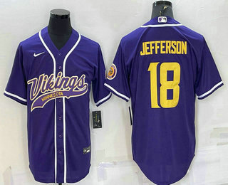 Men's Minnesota Vikings #18 Justin Jefferson Purple Yellow With Patch Cool Base Stitched Baseball Jersey