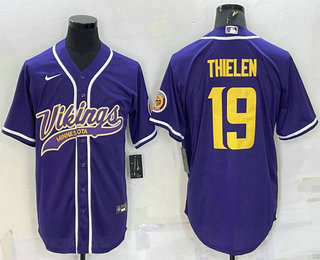 Men's Minnesota Vikings #19 Adam Thielen Purple Yellow With Patch Cool Base Stitched Baseball Jersey