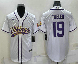 Men's Minnesota Vikings #19 Adam Thielen White With Patch Cool Base Stitched Baseball Jersey