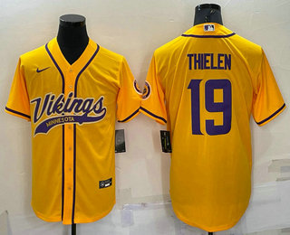 Men's Minnesota Vikings #19 Adam Thielen Yellow With Patch Cool Base Stitched Baseball Jersey