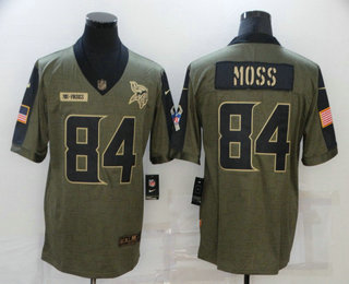 Men's Minnesota Vikings #84 Randy Moss 2021 Olive Salute To Service Limited Stitched Jersey