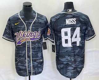 Men's Minnesota Vikings #84 Randy Moss Grey Camo With Patch Cool Base Stitched Baseball Jersey