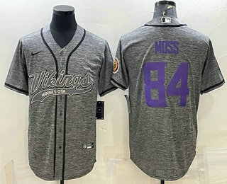 Men's Minnesota Vikings #84 Randy Moss Grey Gridiron With Patch Cool Base Stitched Baseball Jersey