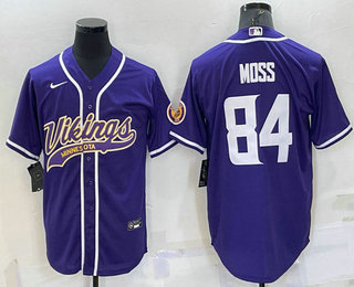 Men's Minnesota Vikings #84 Randy Moss Purple With Patch Cool Base Stitched Baseball Jersey