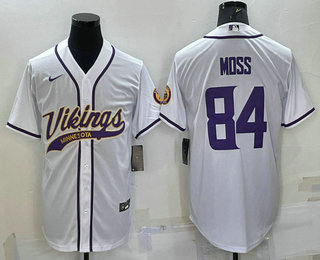 Men's Minnesota Vikings #84 Randy Moss White With Patch Cool Base Stitched Baseball Jersey