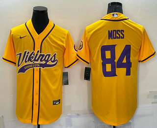 Men's Minnesota Vikings #84 Randy Moss Yellow With Patch Cool Base Stitched Baseball Jersey