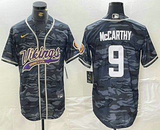 Men's Minnesota Vikings #9 JJ McCarthy Camo With Patch Cool Base Stitched Baseball Jersey
