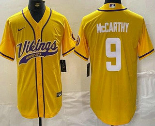 Men's Minnesota Vikings #9 JJ McCarthy Limited Yellow Baseball Jersey