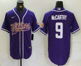 Men's Minnesota Vikings #9 JJ McCarthy Purple Cool Base Stitched Baseball Jersey