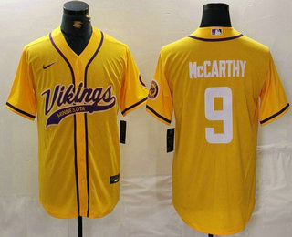 Men's Minnesota Vikings #9 JJ McCarthy Yellow Cool Base Stitched Baseball Jersey