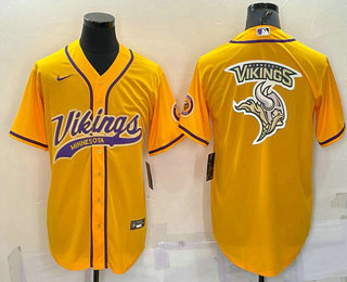 Men's Minnesota Vikings Yellow Team Big Logo With Patch Cool Base Stitched Baseball Jersey