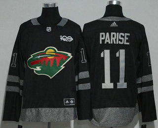 Men's Minnesota Wild #11 Zach Parise Black 100th Anniversary Adidas Stitched NHL 2017 Hockey Jersey