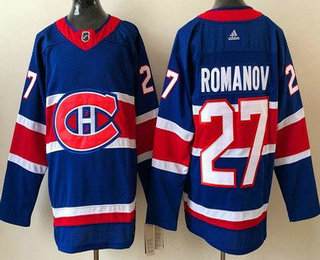 Men's Montreal Canadiens #27 Alexander Romanov Blue 2021 Reverse Retro Stitched NHL Jersey