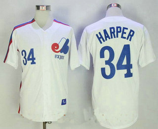 Men's Montreal Expos #34 Bryce Harper Majestic 1982 White Stitched MLB Cooperstown Collection Jersey