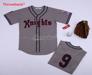 Men's Movie The Natural New York Knights #9 Roy Hobbs Gray Stitched Button Down Baseball Jersey