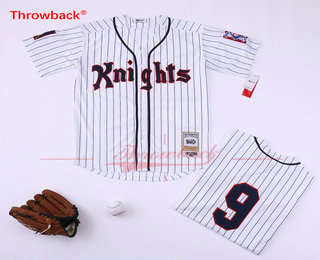 Men's Movie The Natural New York Knights #9 Roy Hobbs White Pinstripe Stitched Button Down Baseball Jersey