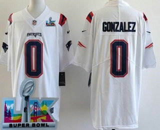Men's New England Patriots #0 Christian Gonzalez Limited White Super Bowl LX Vapor Jersey