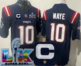 Men's New England Patriots #10 Drake Maye Limited Navy Captain Patch Super Bowl LX FUSE Vapor Jersey