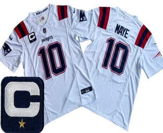 Men's New England Patriots #10 Drake Maye Limited White Captain Patch FUSE Vapor Jersey