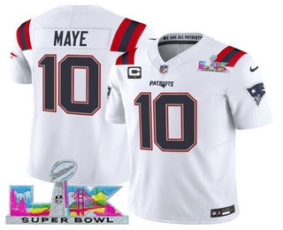 Men's New England Patriots #10 Drake Maye Limited White Super Bowl LX C Patch FUSE Vapor Jersey