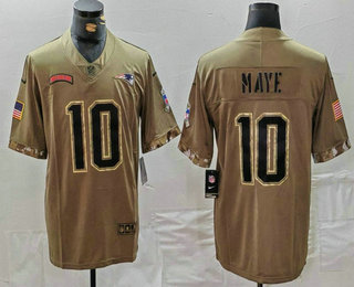 Men's New England Patriots #10 Drake Maye Olive 2022 Salute To Service Limited Stitched Jersey