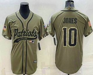 Men's New England Patriots #10 Mac Jones Olive 2022 Salute to Service Cool Base Stitched Baseball Jersey