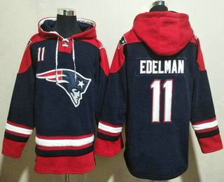 Men's New England Patriots #11 Julian Edelman Navy Blue Ageless Must Have Lace Up Pullover Hoodie