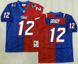 Men's New England Patriots #12 Tom Brady Blue Red 1996 Split Throwback Jersey